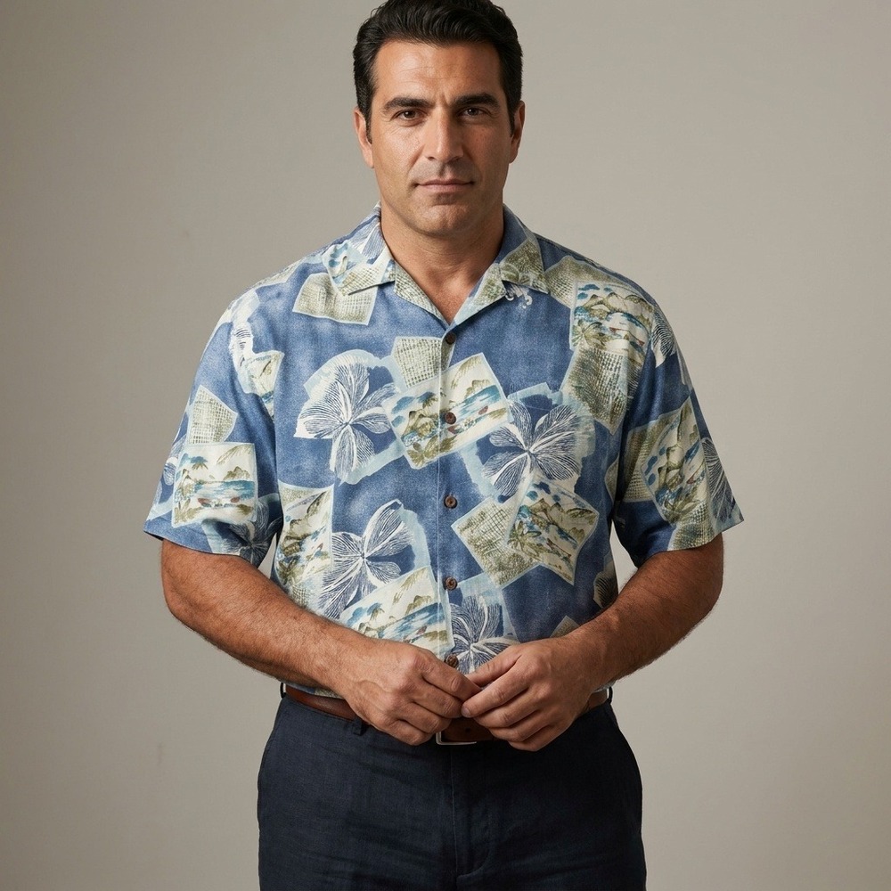 Tommy Bahama Mens XXL Blue 100% Linen Tropical Island Hawaiian Button Down Shirt